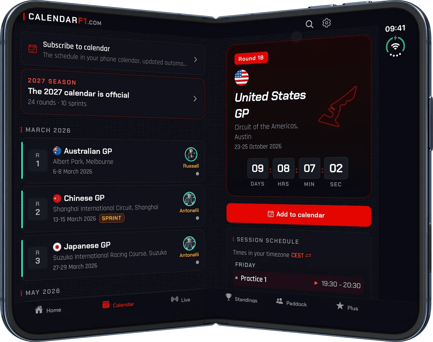 Race Calendar & Live Timing on iPhone Duo unfolded: race list on the left, the selected United States GP with countdown and session schedule on the right