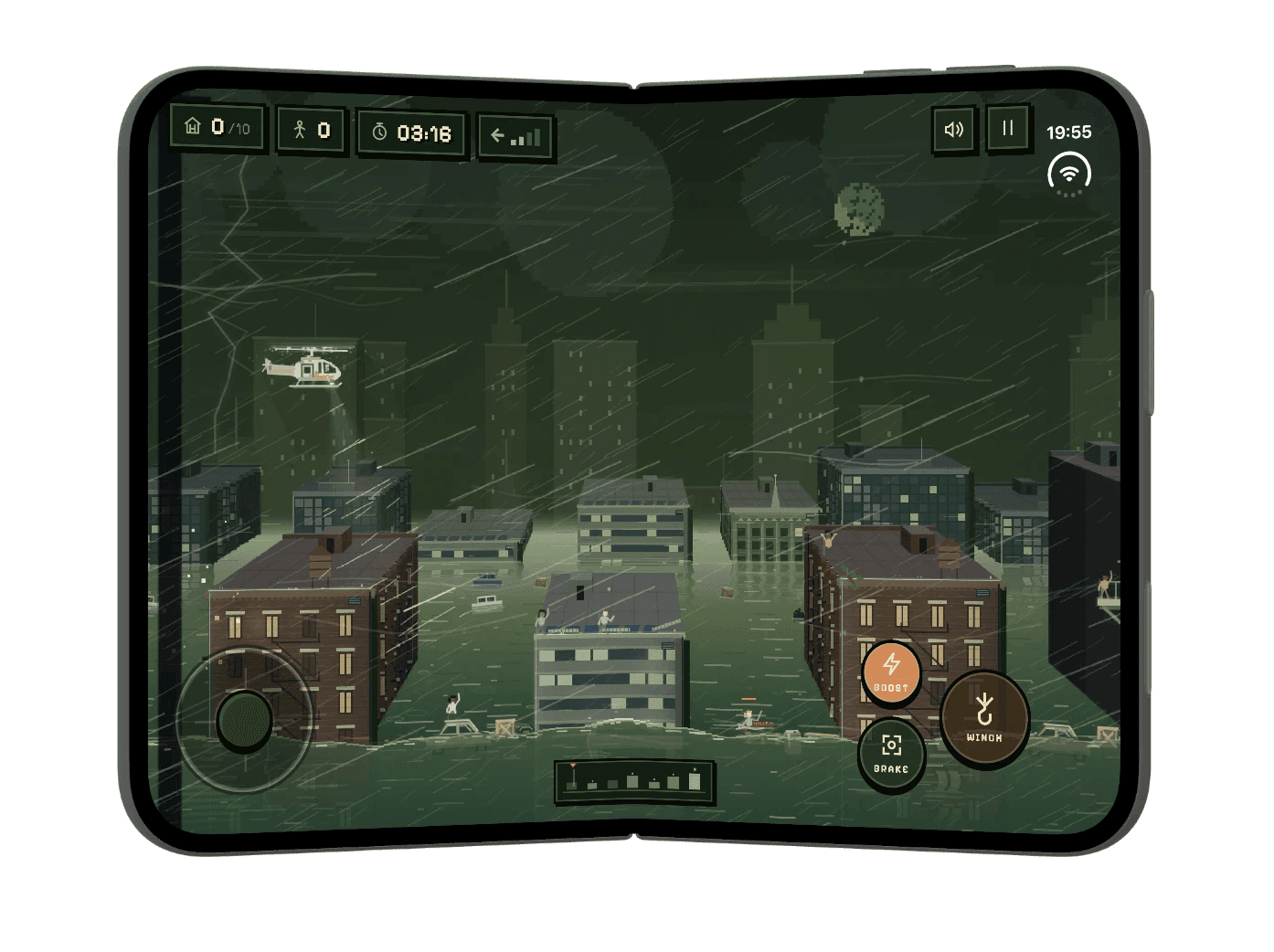 Evacopter on iPhone Duo unfolded: the rescue helicopter flies over a flooded pixel-art city across the full 7.6-inch inner display, with joystick, boost, brake and winch controls