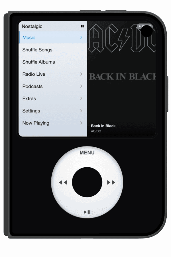 NostalgicPod on iPhone Duo folded: iPod-style menu and click wheel on the outer display