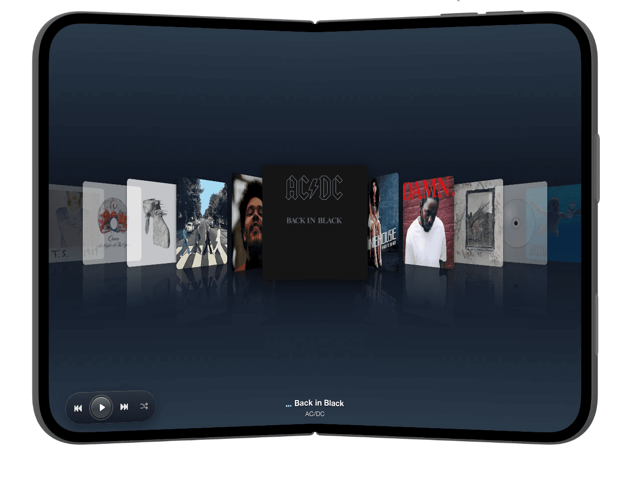 NostalgicPod on iPhone Duo unfolded: cover flow album carousel across the 7.6-inch inner display